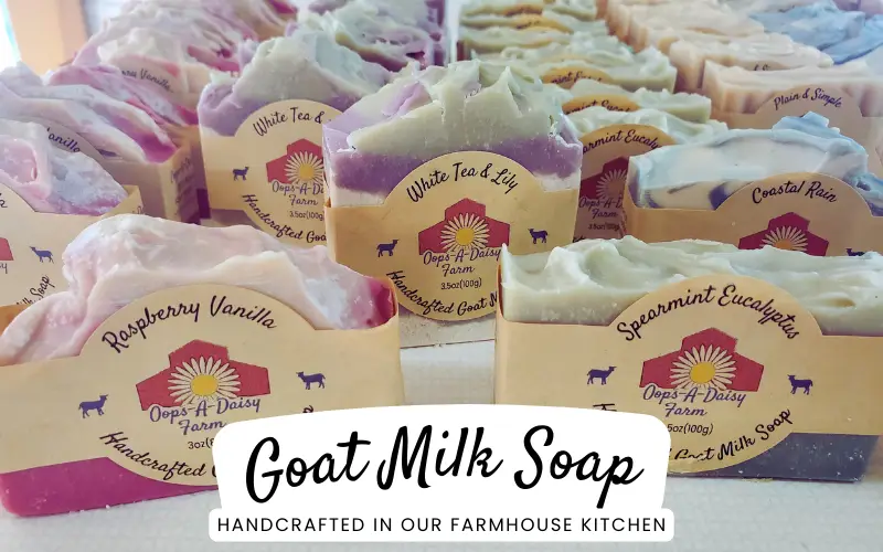 Goat milk soap handcrafted in our farmhouse kitchen.